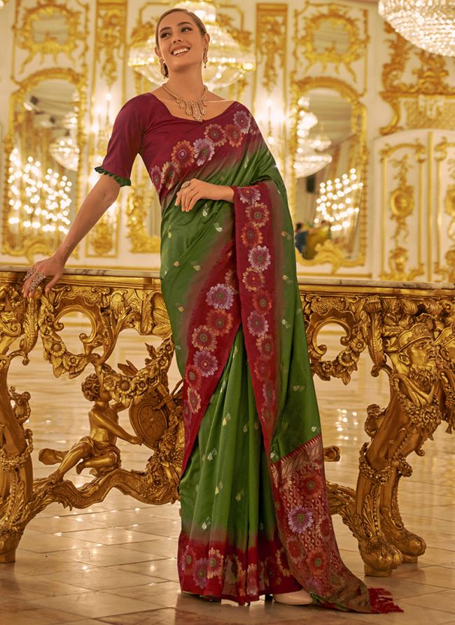 Banarasi Silk Green Festival Wear Weaving Work Saree